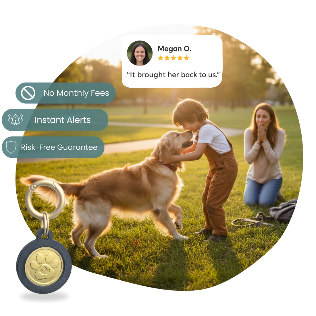Pet parent hugging dog wearing Lumzi tag
